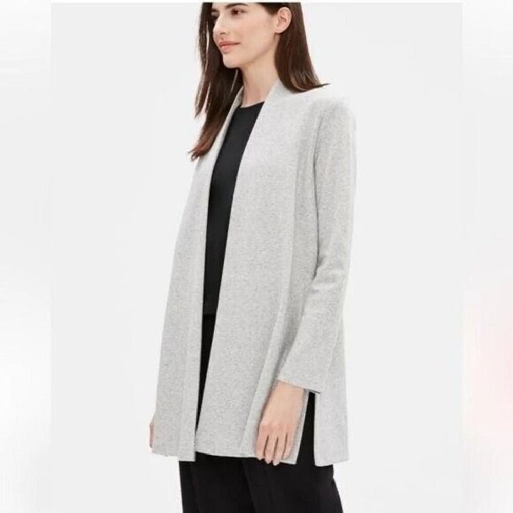 Eileen Fisher Herringbone Organic Cotton Longline Open Front Jacket Cardigan M